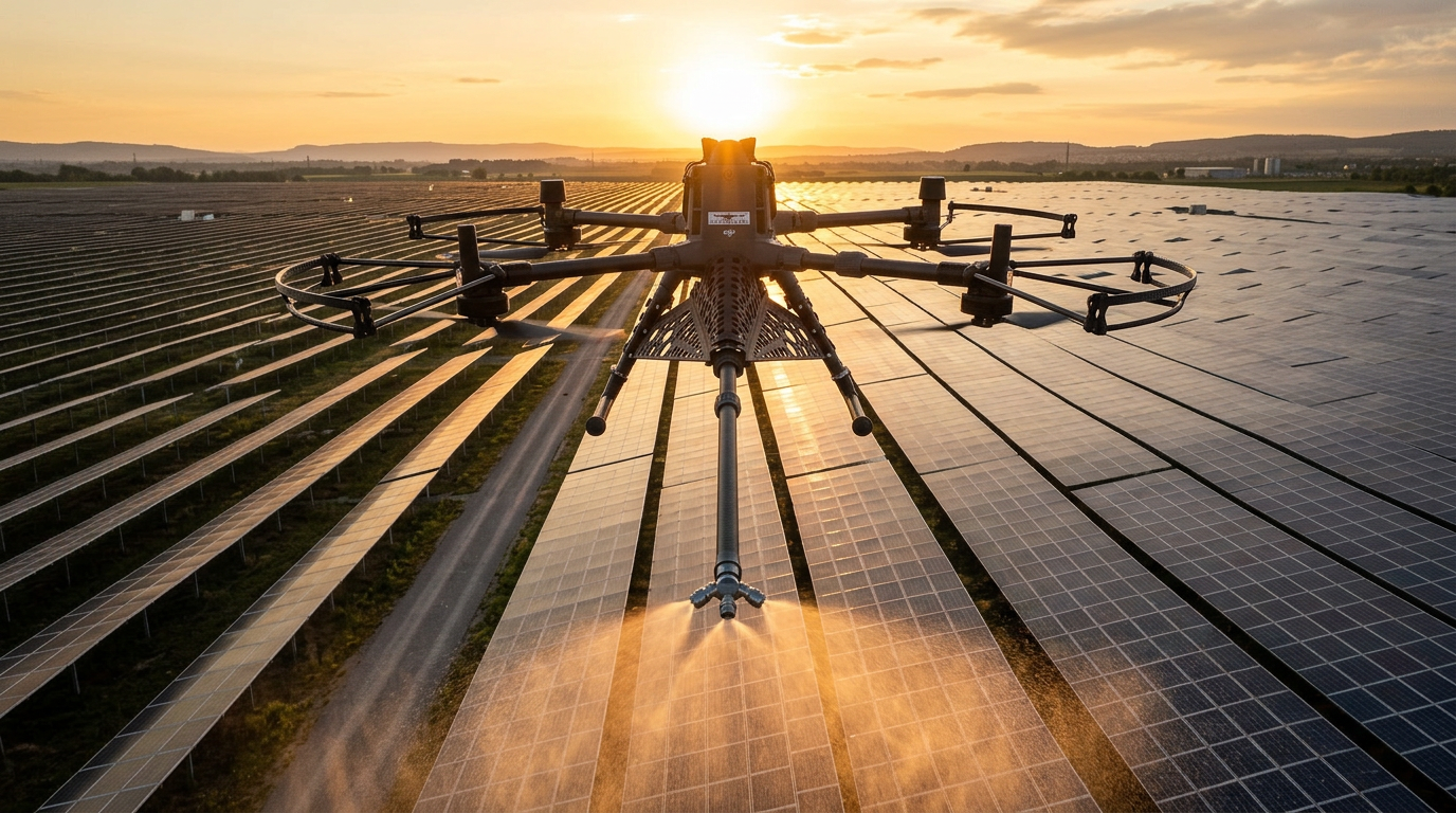 DJI Matrice 400 Reinigungsdrohne von Glanzdrohne über einer Photovoltaik-Solaranlage in Österreich